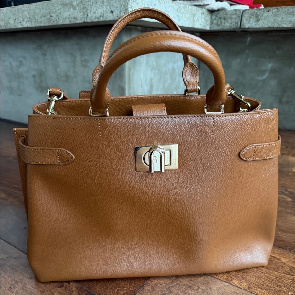 Furla Tan Leather Top-Handle Tote with Gold Hardware